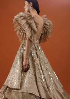 Gold Toned Kalki Gown With Ruffle Sleeves And Embroidery - NOOR 2022