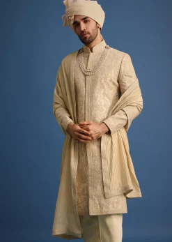 Gold Zari Embroidered Sherwani Suit With Mandarin Collar