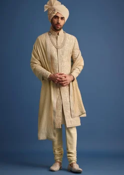 Gold Zari Embroidered Sherwani Suit With Mandarin Collar