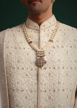 Gold Zari Embroidered Sherwani With Anarkali Kurta And Dupatta