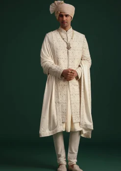 Gold Zari Embroidered Sherwani With Anarkali Kurta And Dupatta