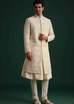 Gold Zari Embroidered Sherwani With Anarkali Kurta And Dupatta