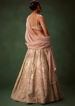 Golden Banarasi Brocade Lehenga Set With Dual Dupattas