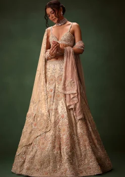 Golden Banarasi Brocade Lehenga Set With Dual Dupattas