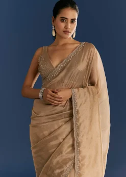 Golden Beige Organza Tissue Saree With Cut Dana And Stone Embellishments