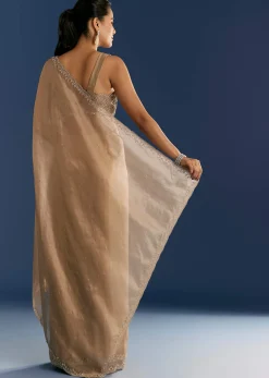 Golden Beige Organza Tissue Saree With Cut Dana And Stone Embellishments