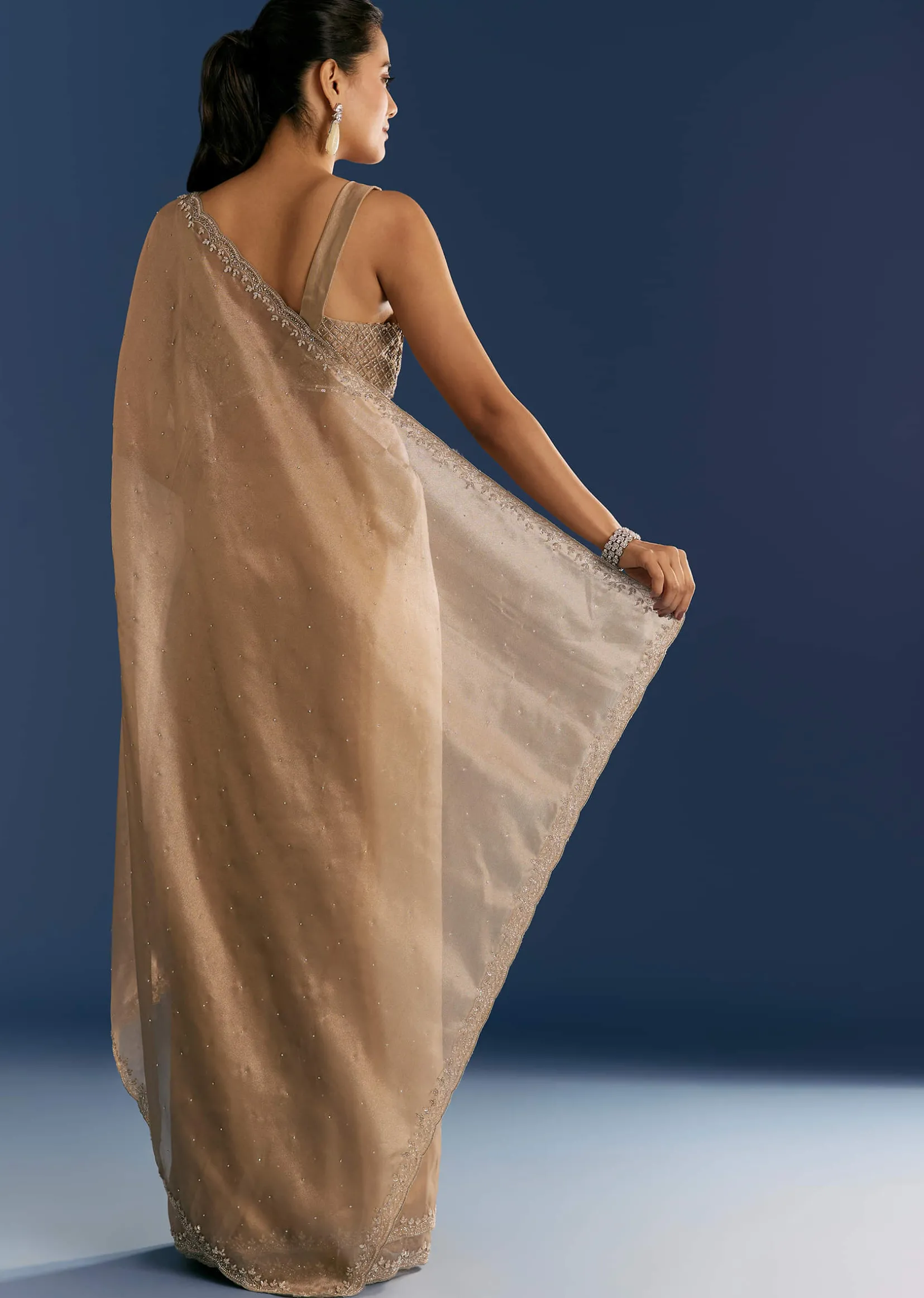Golden Beige Organza Tissue Saree With Cut Dana And Stone Embellishments