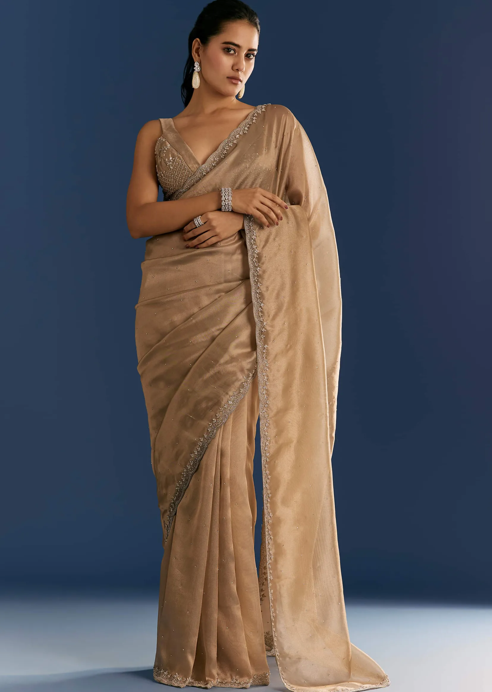 Golden Beige Organza Tissue Saree With Cut Dana And Stone Embellishments