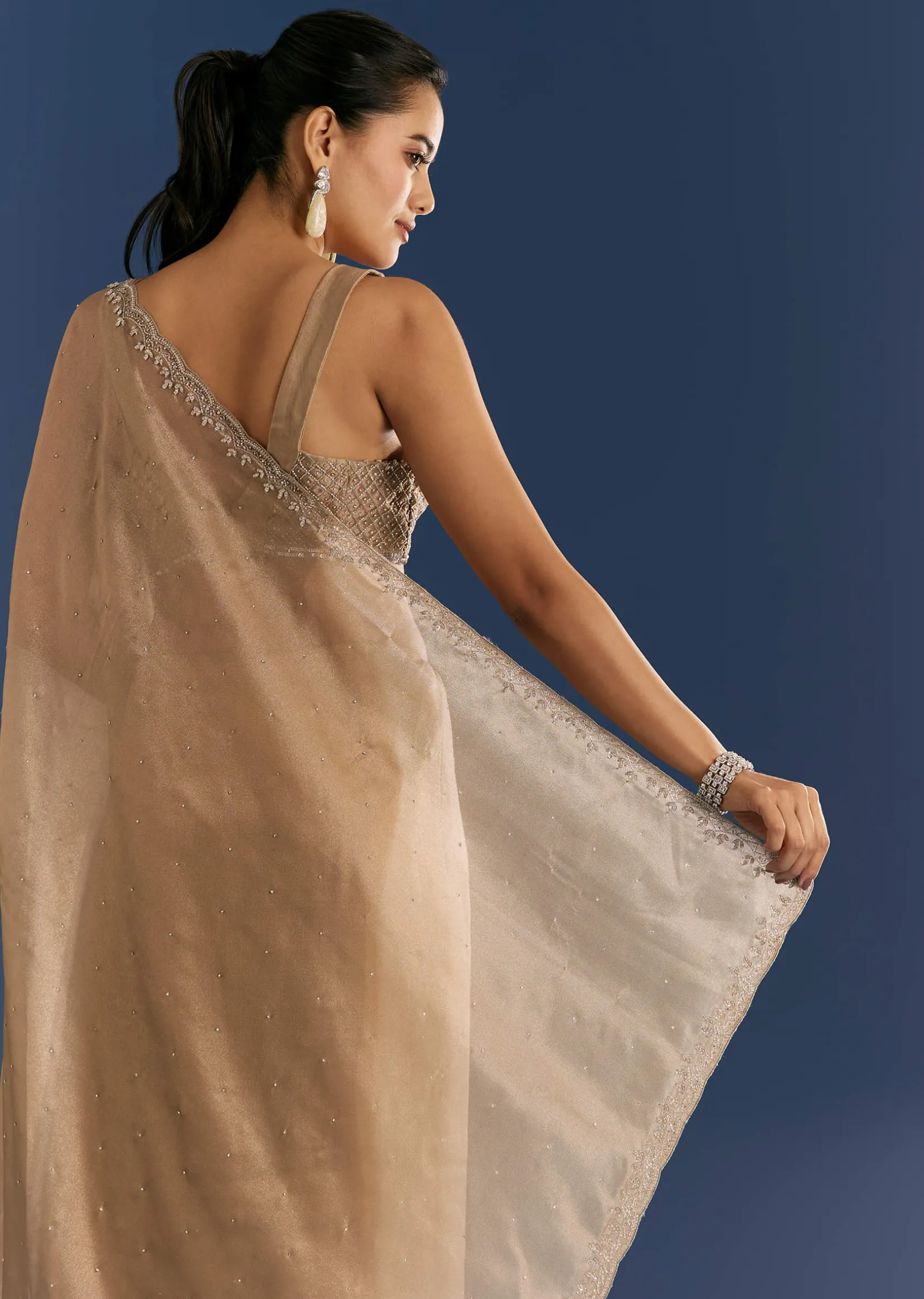 Golden Beige Organza Tissue Saree With Cut Dana And Stone Embellishments