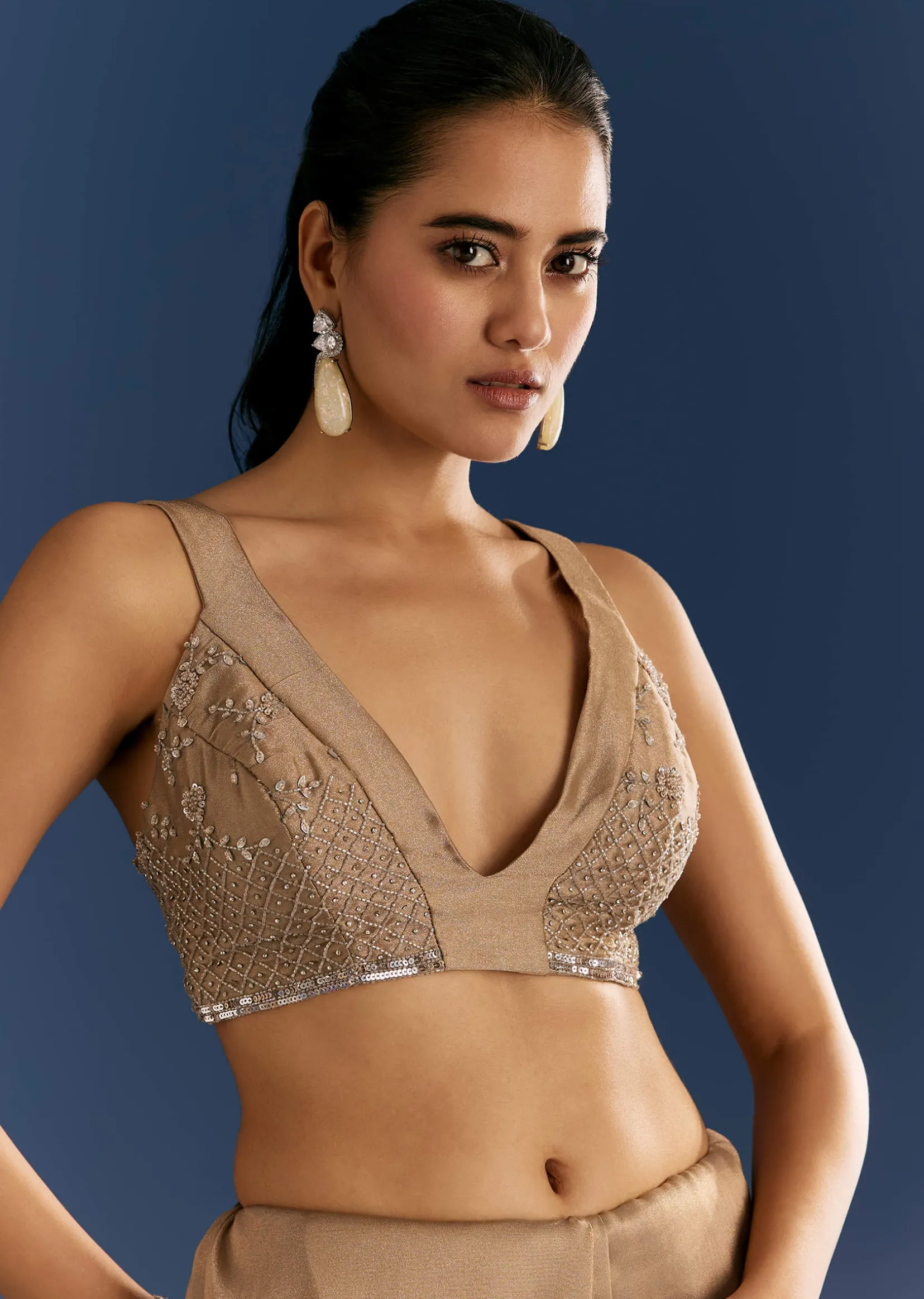 Golden Beige Organza Tissue Saree With Cut Dana And Stone Embellishments