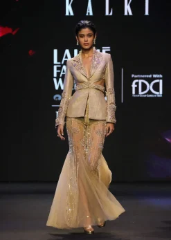 Golden Brocade Palazzo Suit With Frills