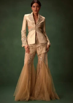 Golden Brocade Palazzo Suit With Frills