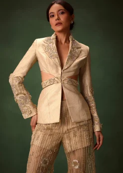 Golden Brocade Palazzo Suit With Frills