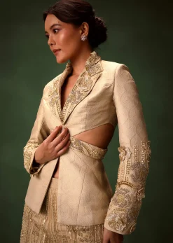 Golden Brocade Palazzo Suit With Frills