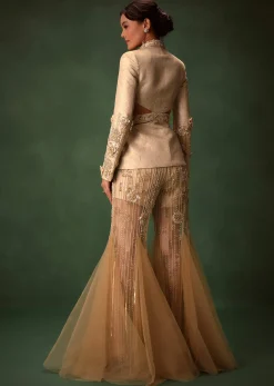 Golden Brocade Palazzo Suit With Frills