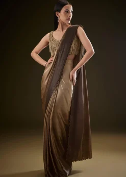 Golden Brown Ready To Saree With Resham Scallop Border