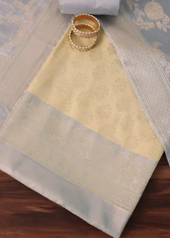 Golden Horizon Banarasi Silk Woven Dress Material Suit Set in Gold And Light Blue