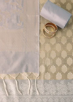 Golden Horizon Banarasi Silk Woven Dress Material Suit Set in Gold And Light Blue