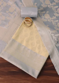 Golden Horizon Banarasi Silk Woven Dress Material Suit Set in Gold And Light Blue