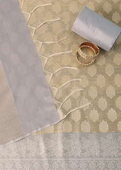Golden Horizon Banarasi Silk Woven Dress Material Suit Set in Gold And Light Blue
