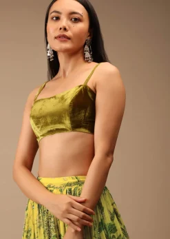 Golden Olive Green Blouse In Velvet With Strap Sleeves And Straight Across Neckline
