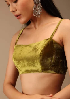 Golden Olive Green Blouse In Velvet With Strap Sleeves And Straight Across Neckline