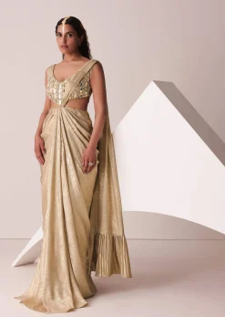 Golden Ready-To-Wear Embroidered Saree Gown In Gold Foil Fabric