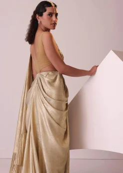 Golden Ready-To-Wear Embroidered Saree Gown In Gold Foil Fabric