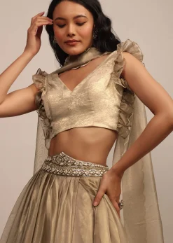 Golden Sleeveless Blouse In Satin Glam Gold With Ruffle Sleeve Frill