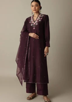 Gorgeous Brown Silk Kurti Set With Beaded Detailing
