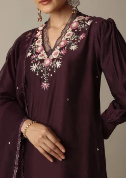 Gorgeous Brown Silk Kurti Set With Beaded Detailing