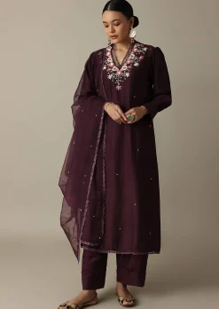 Gorgeous Brown Silk Kurti Set With Beaded Detailing