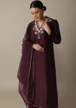 Gorgeous Brown Silk Kurti Set With Beaded Detailing