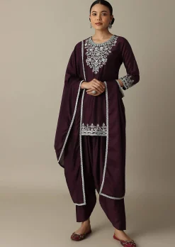 Gorgeous Wine Embroidered Silk Kurta Set