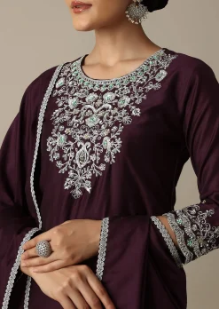 Gorgeous Wine Embroidered Silk Kurta Set