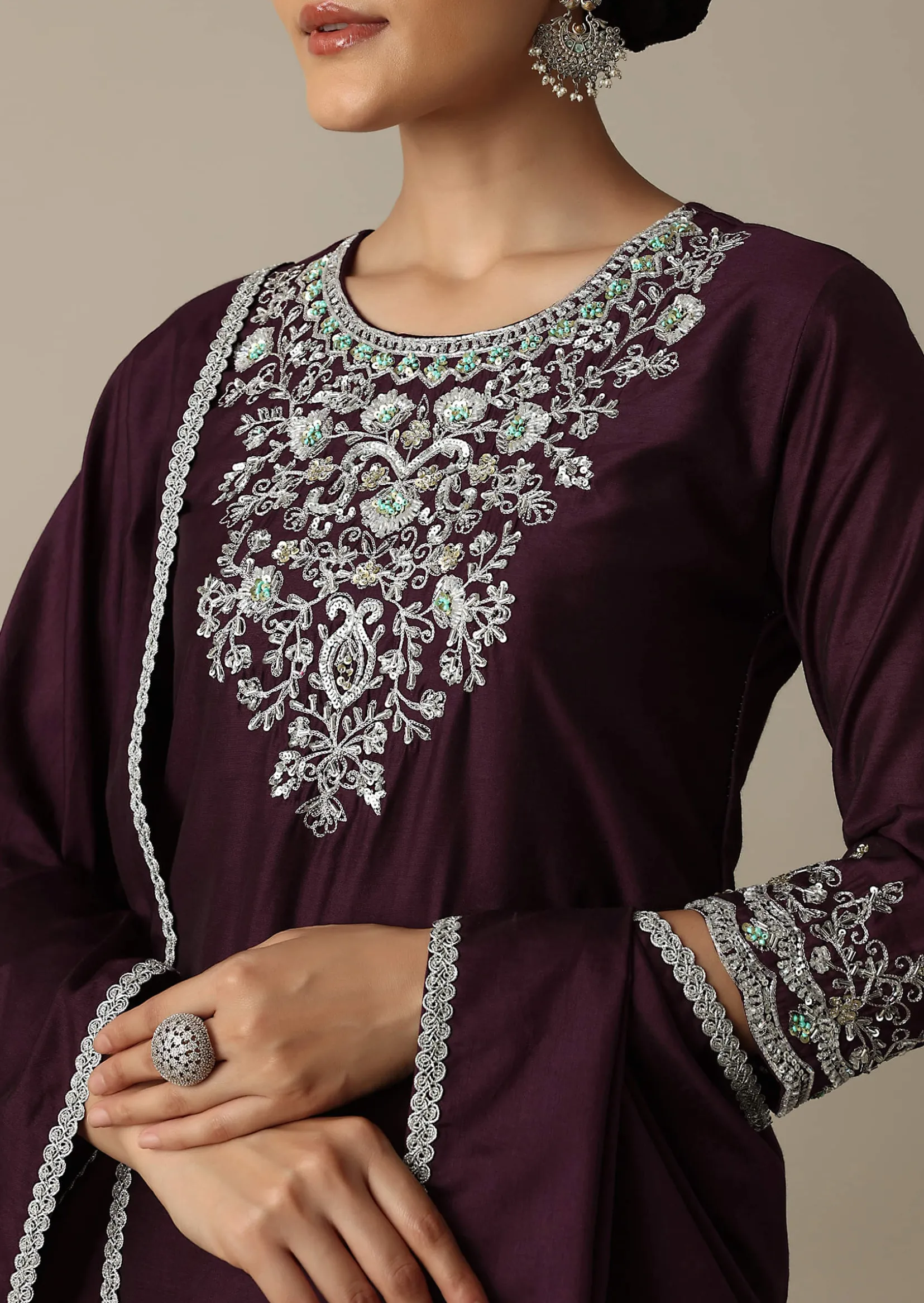 Gorgeous Wine Embroidered Silk Kurta Set