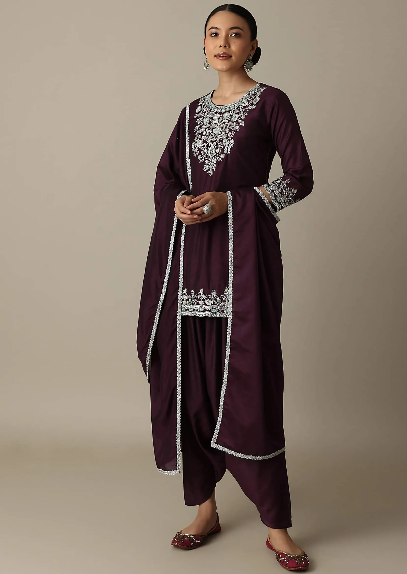 Gorgeous Wine Embroidered Silk Kurta Set