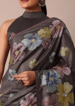 Graceful Grey Saree With Exquisite Thread Resham Work
