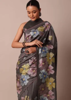 Graceful Grey Saree With Exquisite Thread Resham Work