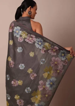 Graceful Grey Saree With Exquisite Thread Resham Work