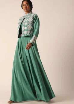 Green Art Silk Palazzo Set With Mirror Work