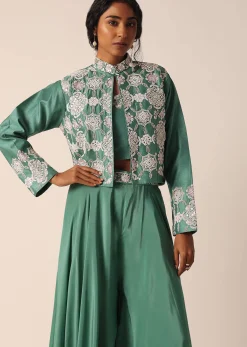 Green Art Silk Palazzo Set With Mirror Work
