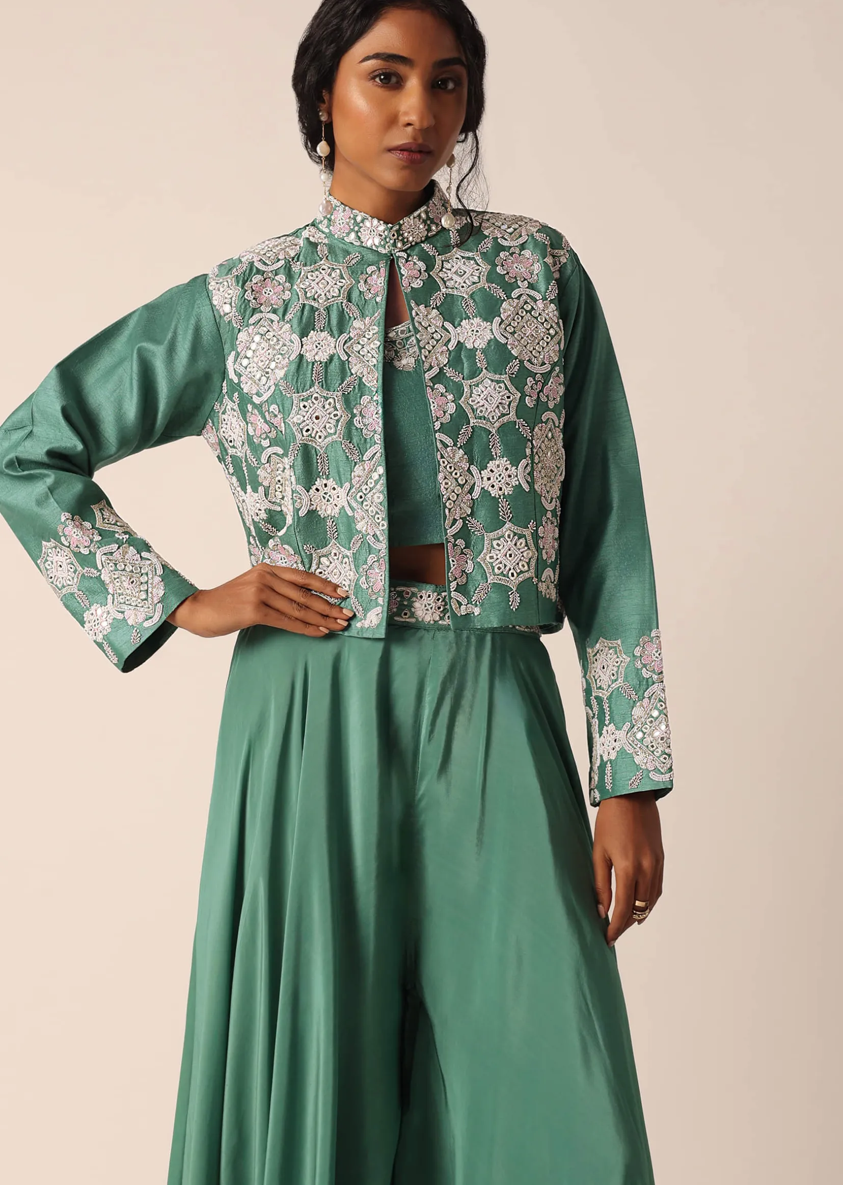 Green Art Silk Palazzo Set With Mirror Work