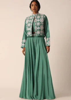 Green Art Silk Palazzo Set With Mirror Work