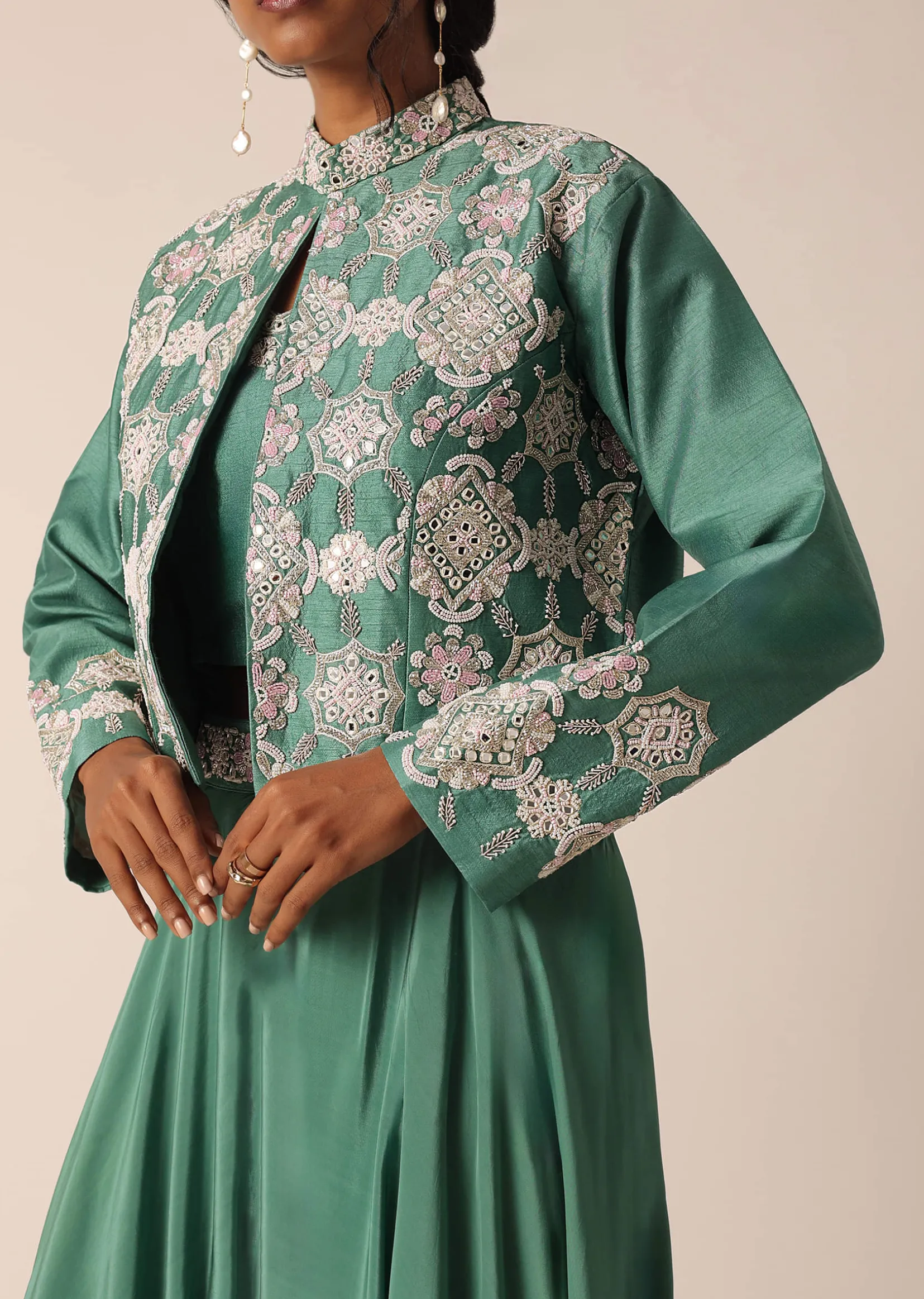 Green Art Silk Palazzo Set With Mirror Work