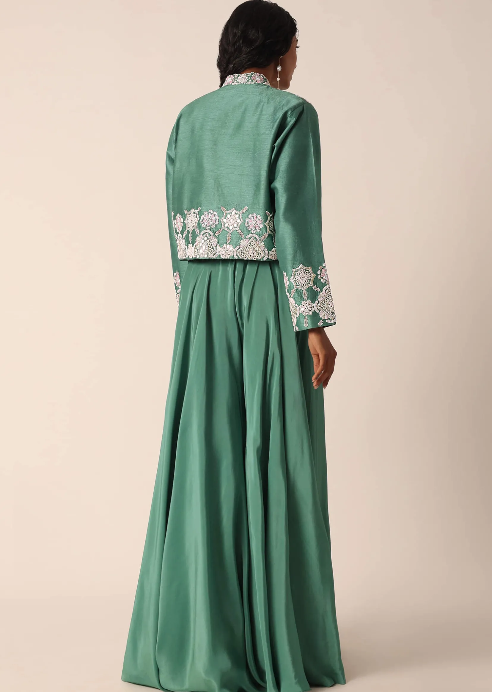 Green Art Silk Palazzo Set With Mirror Work
