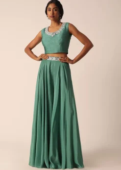 Green Art Silk Palazzo Set With Mirror Work