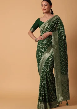 Green Banarasi Georgette Saree With Zari Bandhani Weave And Unstitched Blouse Piece