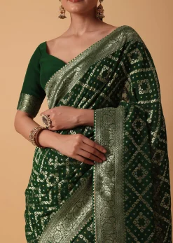 Green Banarasi Georgette Saree With Zari Bandhani Weave And Unstitched Blouse Piece