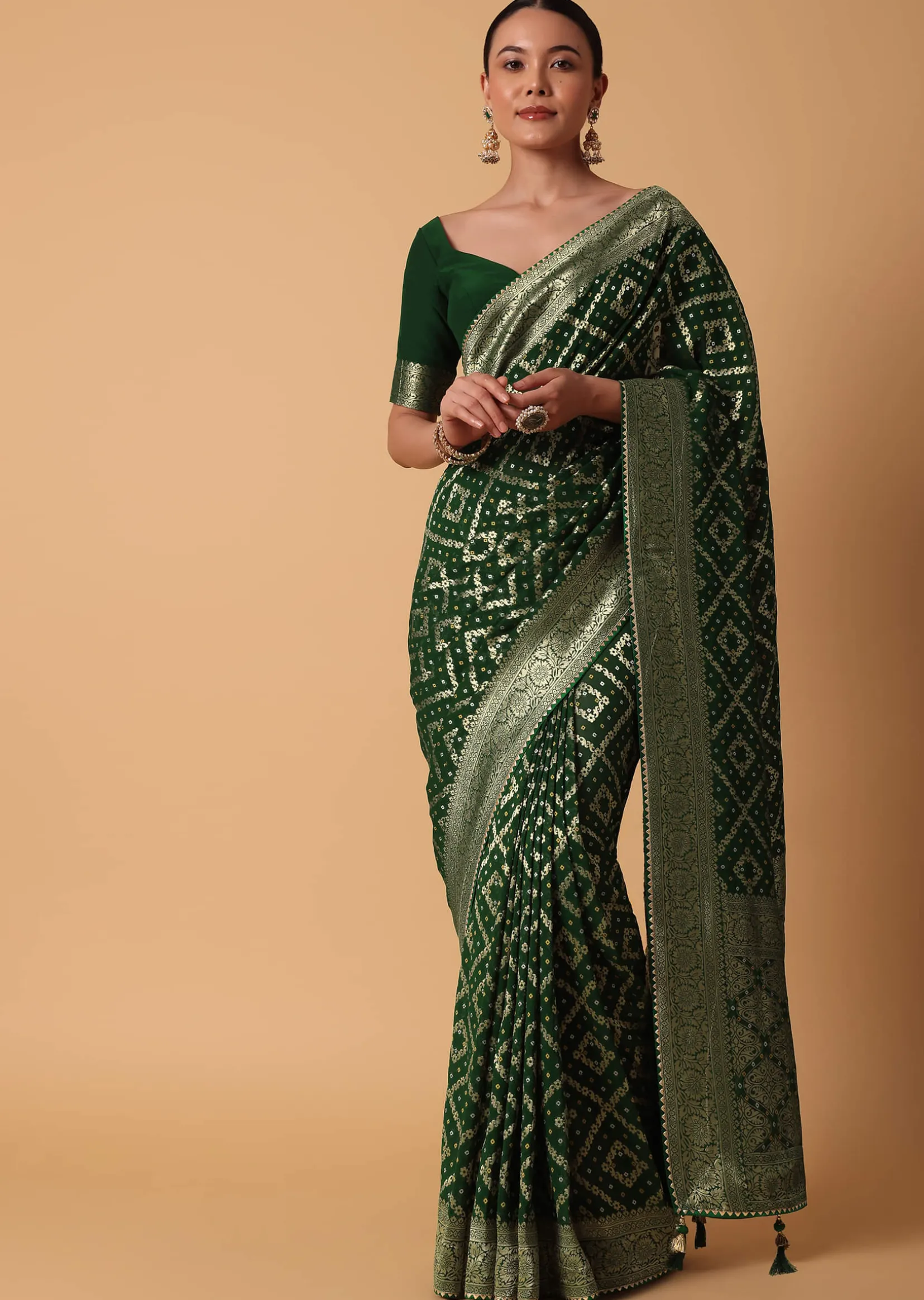 Green Banarasi Georgette Saree With Zari Bandhani Weave And Unstitched Blouse Piece